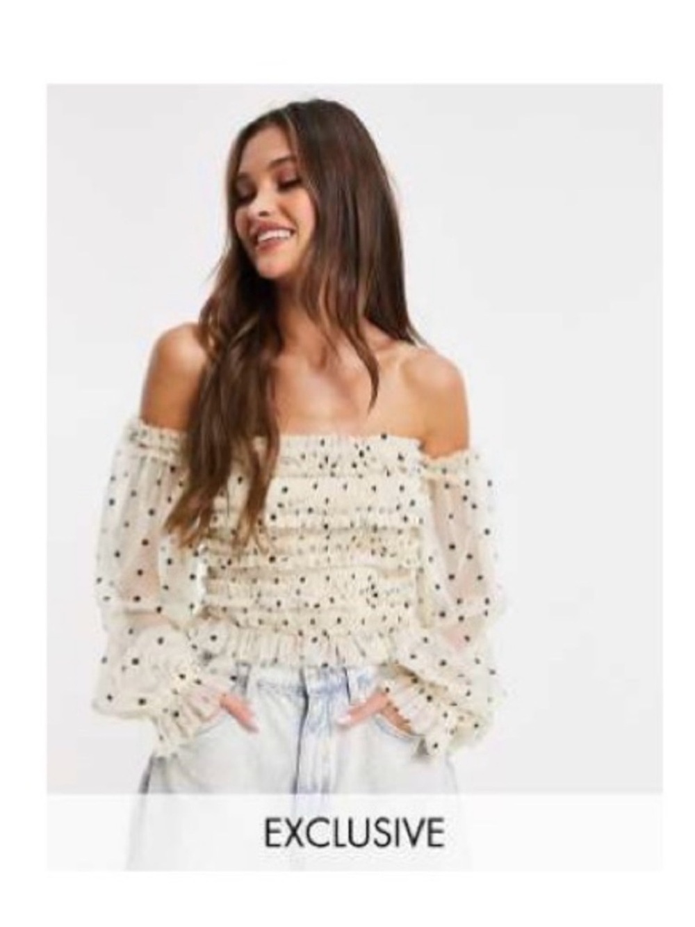 ASOS - Off-Shoulder Ivory Polka Dot Smocked Blouse